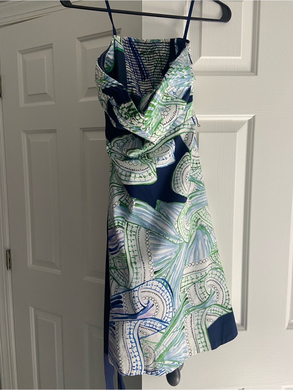 Moulinette Soeurs Navy, Green & White Strapless Print Dress